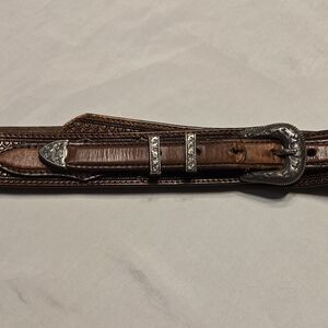 Smith & Wesson Brown Leather Belt Size 38 Western Style Tooled Silver Buckle Vtg